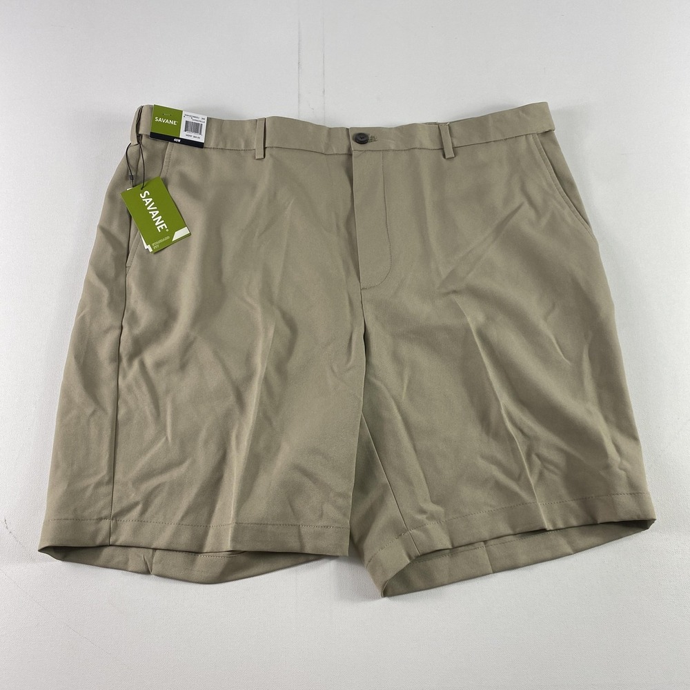 Savane Shorts Mens 40 Flat Front Stretch Microfiber Classic Khaki 9" Inseam